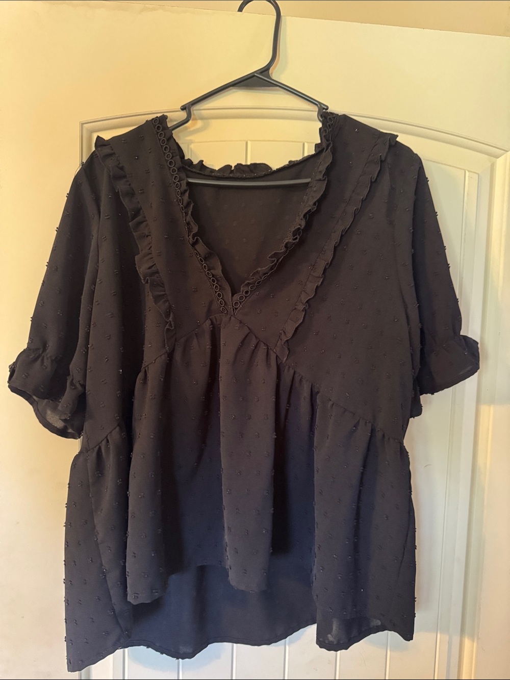 SHEIN Black Ruffle V-Neck Swiss Dot Blouse